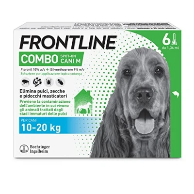 Immagine di FRONTLINE Combo, 3+3 Pipette, Cane Taglia M (10 20 kg), Antiparassitario per Cani e Cuccioli di Lunga Durata, Protegge il Anche la Casa da Pulci, Zecche, Uova Larve, Antipulci 6 Pipette