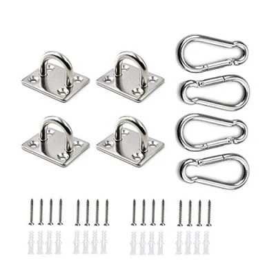 Immagine di HOMPER 4 Pezzi M5 304 in Acciaio Inox Oblunga Pad Eye Plate e Clip moschettone, per Fissaggio a graffetta Hardware Marino con 16 Viti Tappi plastica
