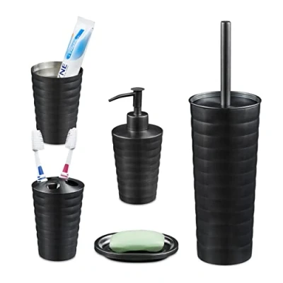 Immagine di Relaxdays Bagno Completo 5 Accessori, Kit WC Acciaio Inox Spazzolato, Portaspazzolino, Sapone e Saponetta, Antracite, 100%, Nero, Set da 1