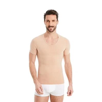 Immagine di FINN Maglia Dimagrante Uomo con Scollo a V Canottiera Snellente Maniche Corte in Cotone Camicia compressiva Body Shaper per Una Pancia più Piatta Color Pelle 5XL