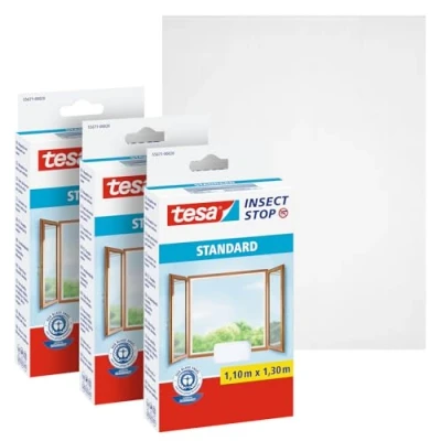 Immagine di Tesa Insect Stop Zanzariere Attacca &amp; Stacca STANDARD per Finestre Set di 3 Zanzariera Adesiva Rete Regolabile a Piacere Bianco, 130 cm x 150