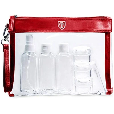 Immagine di TRAVANDO Set da viaggio trasparente con 7 Contenitori │ Kit aereo bottiglie per liquidi │Busta viaggio, flaconi cosmetici, Beauty case trasparente, Trousse
