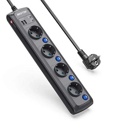 Immagine di BESTEK 2000J Multipresa Elettrica 4 Prese, Ciabatta 2 USB con Interruttori Indipendenti Protezione Anti fulmine da Sovratensione, 3600W/16A Cavo 1.8m, Nero