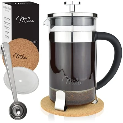 Immagine di Milu Caffettiera francese Pressa per Caffè 350ml 600ml 1L Vetro French Press stantuffo (Acciaio inossidabile, (3 tazze)