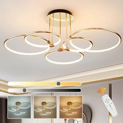 Immagine di 5 Anelli Rotondi Design Oro LED Plafoniera, Lampadario Ø93cm 108W Dimmerabile Continuo, Pendente Placcato In Metallo Creativo, Lampada Moderna Per Soggiorno Camera Letto Studio Ufficio