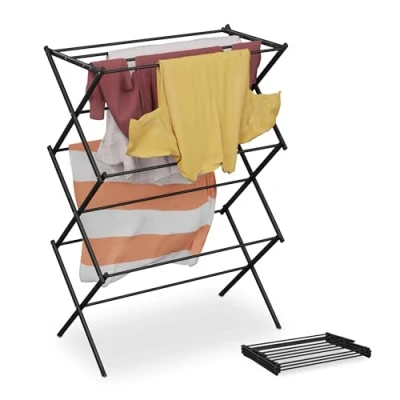 Immagine di Relaxdays Stendibiancheria Verticale, Stendino Pieghevole a Torre con 11 Aste per Vestiti, 104x73x38 cm, Metallo, Nero, Ferro