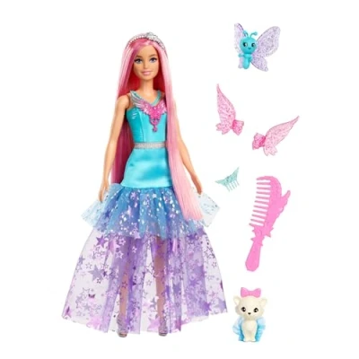 Immagine di Barbie Un Tocco di Magia Malibu Roberts, bambola con abito dal look scintillante, lunghi capelli e accessori fantasy, due cuccoli fantastici inclusi, giocattolo per bambini, 3+ anni, JCW48