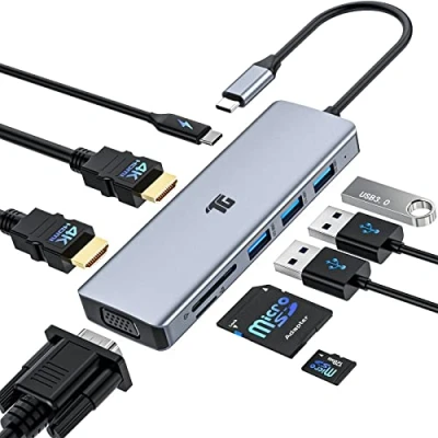 Immagine di Hub USB C, Adattatore Tiergrade 9 in 1 triplo Display Collage tipo C con 2 4K HDMI, VGA, PD 3.0, 3.0 e TF/SD Card Reader per MacBook computer portatili di