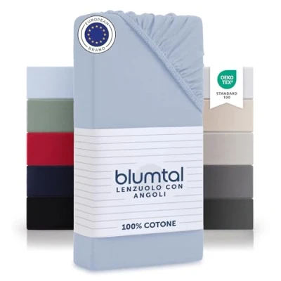 Immagine di Blumtal lenzuolo con angoli piazza e mezza in cotone 135g/m² lenzuola letto sotto leonzuolo materasso 140x200cm 20cm celeste
