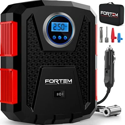 Immagine di FORTEM Compressore Aria Portatile per Pneumatici, Bicicletta, 12V con Luce a LED, Manometro Digitale, Gonfiaggio/Spegnimento Automatico, Custodia (Rosso)