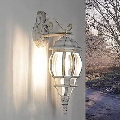 Immagine di Lampada da parete esterna Brest a forma di lanterna con braccio bianco oro stile rustico retrò E27 IP44 ideale per giardino, terrazzo, cortile