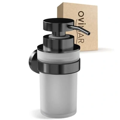 Immagine di ovimar Distributore di sapone Veotind Gunmetal con supporto a parete per foratura in acciaio inox e vetro apertura extra large facile da riempire bagno o cucina Dosatore disinfettante