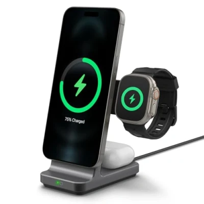 Immagine di Spigen OneTap Pro 3 MagFit Caricatore Wireless in 1 per MagSafe, Qi2 15W Ricarica Rapida Phone Charger Stand iPhone 16 15 14 13 12, AirPods 4 2, Apple Watch