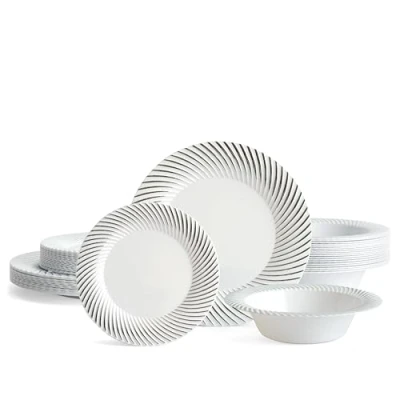 Immagine di Matana 96 Pezzi Piatti e Ciotole in Plastica Bianca con Bordo Argento 32 Piani, Piattini, Stoviglie Elegante Riutilizzabile per Feste, Matrimoni, Compleanni, Picnic