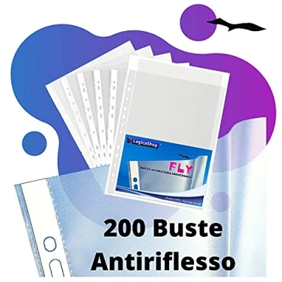 Immagine di LogicaShop Fly Buste Forate Trasparenti per Raccoglitori ad Anelli A4, Cartelline Plastica (Antiriflesso, 200 Pezzi)