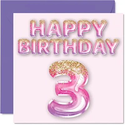 Immagine di biglietto di auguri per 3 compleanno ragazze, palloncini rosa e viola glitterati, biglietti anni, figlia, sorella, nipote, cugina, 145 mm x mm, tre