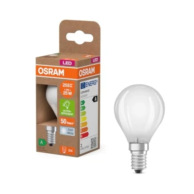 Immagine di OSRAM dalla classica forma mini sferica, con filamento LED decorativo dal design satinato, classe di efficienza energetica A, E14, 1,2 W, 255 lm, 4000 K, bianco freddo. luce immediata al 100%.