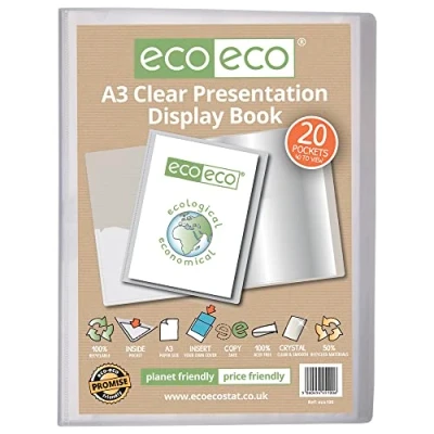 Immagine di eco Eco100 Raccoglitore per presentazioni, formato A3, 50% riciclato, 20 tasche, trasparente, con buste in plastica