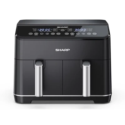 Immagine di SHARP AF GD82AE B Friggitrice ad aria calda a 2 scomparti, x 4 l, con controllo digitale, funzione touch screen, 12 programmi, 1800 W, nero, cottura senza olio, larghezza 39,5 cm altezza 30,5
