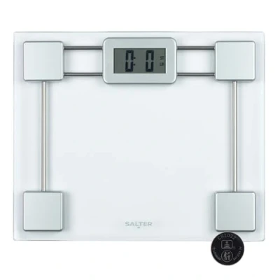 Immagine di Salter 9081 SV3R bilancia digitale pesapersone compatta, max 150 kg, funzione step on, piattaforma in vetro temprato, batterie incluse, argento/trasparente