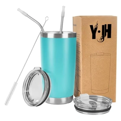 Immagine di Y·JH 20oz (550ml) Bicchiere da viaggio Tazza caffè a doppia parete isolata sottovuoto in acciaio inossidabile con 2 coperchi antispruzzo, cannucce, senza BPA Turchese