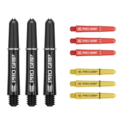 Immagine di Target Darts PRO Grip Shafts Set di 9 3 Colori, Nero/Giallo/Rosso Corto, 34mm steli per Freccette, Accessori Professionali Confezione Multipla 2BA con Anelli