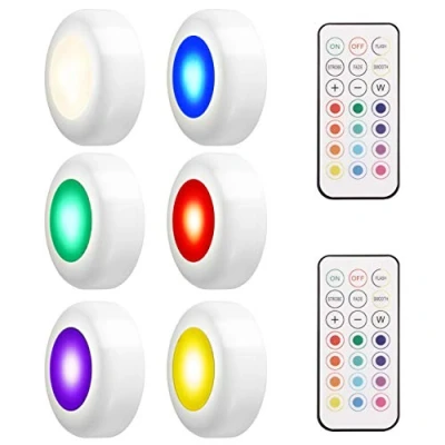 Immagine di LEDGLE 3W Wireless Armadio Light Efficient Puck Lights Luci notturne RGB Multi Purpose a LED con Telecomando, 50lm, IP44 Impermeabile, Angolo 180 , Alimentato Batteria, Set di 6