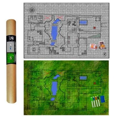 Immagine di POWER BEAST Dungeon 2X Grid Game Mat + 4 Pennarelli e Gomme 2 Scrigni del Tesoro, Tavolo da Gioco Riutilizzabile, D&amp;D, Dungeons And Dragons, DND, Master, Pathfinder.