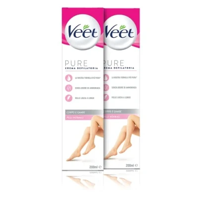 Immagine di Veet Pure Crema Depilatoria Gambe, Corpo, Ascelle e Zona Bikini per Pelli Normali, Dermatologicamente Testata, 400 ml (2 Confezioni x 200 ml)