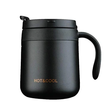 Immagine di Gteller Tazza da caffè in acciaio inox, a doppia parete, isolata, con coperchio e manico, per mantenere le bevande calde fredde (nero)
