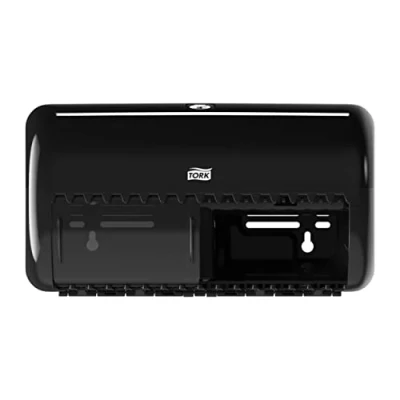 Immagine di Tork 557008 Dispenser doppio rotolo di Carta Igienica tradizionale, sistema T4, 15,8 cm x 28,6 15,3 (altez. largh. profon.), Elevation Design, colore nero, plastica