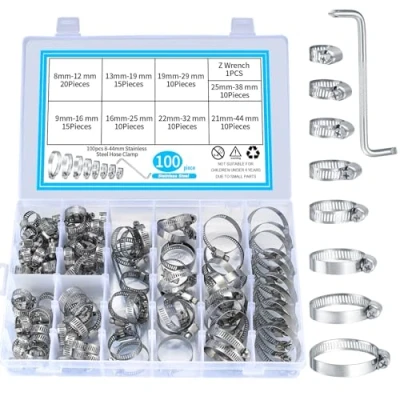 Immagine di 100 PZ Fascette Stringitubo Regolabili 8 44mm, Kit Fascetta Inox Assortite, Metalliche Tubi Acqua con Cacciavite per Tubo Acqua, Auto, Gas