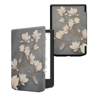 Immagine di kwmobile Custodia eReader Compatibile con Pocketbook Verse/Verse Pro/Verse Color/Vivlio Light/Light HD Cover eBook Reader Flip Case marrone grigio/bianco/grigio blu Magnolie