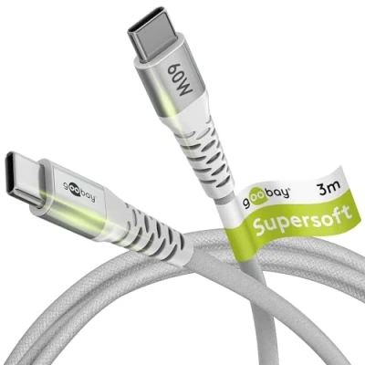 Immagine di goobay 70195 Cavo di ricarica rapida USB C 60W 20V / 3m in tessuto estremamente resistente/Cavo da 480 Mbit/Cavo Samsung C/Cavo bianco