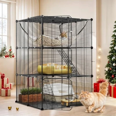 Immagine di YITAHOME Gabbia per Gatti da Esterno/Interno, Recinto a 3 Livelli con Amaca Extra Large, Animali Domestici Filo Metallico Denso 1 2 Gatti, Cincillà, Coniglio, Nero