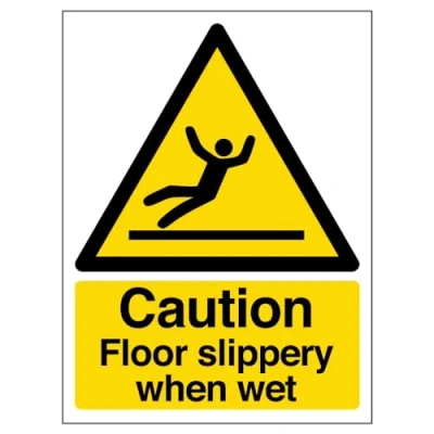 Immagine di Warning General Cartello di sicurezza con scritta &quot;Caution Floor Slippery When Wet 150 x 200 mm Restickable Safety Sign