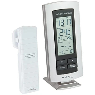 Immagine di Technoline Stazione meteo classica WS 9140 con radiosveglia, visualizzazione della temperatura interna ed esterna, argento, 7,3 x 2,5 15,8 cm