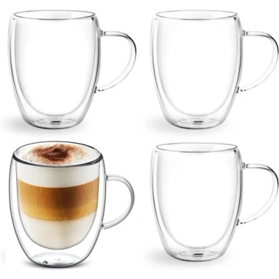 Immagine di Buumin 4 x 350 ml tazze da caffè a doppia parete e con manico, bicchieri di cappuccino latte macchiato, resistenti al calore, adatti per lavastoviglie, bevande calde tè succo gelato