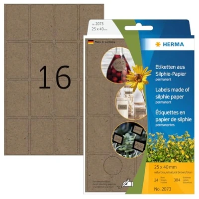 Immagine di HERMA 2073 Etichette multiuso, 24 fogli, 25 x 40 mm, 16 pezzi per foglio, 384 adesivi, autoadesive, la casa, scrivere, opache, in carta di silfia, colore marrone naturale