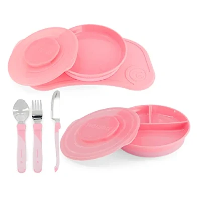 Immagine di Twistshake Mealtime Tableware Set di Stoviglie, 6 st 1x Tovagliette 31 x 17 cm, Piatto, Piatto con Divisore, 3x Posate in Acciaio Inox, 6+ Mesi, Ragazza