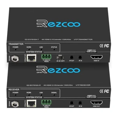 Immagine di ROFAVEZCO HDMI Extender over Ethernet, 4k60 non compresso 18G/BPS su singolo Cat5/6 fino a 40m(165ft), RS232+POE+IR+HDCP2.2, HDR e Atmos, CEC, EDID Management.