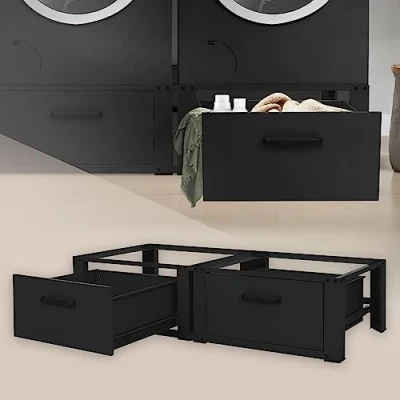 Immagine di ML Design Set di 2 Basi per Lavatrice Asciugatrice Frigorifero con Cassetto 128x53,5x31,5 cm in Acciaio Nero Portata fino a 150 kg Piedistalli Supporti Rialzati Elettrodomestici Carichi Pesanti