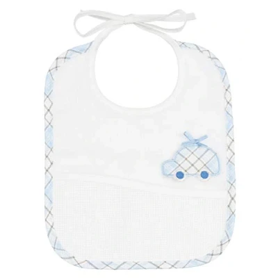 Immagine di Filet Bavaglino in Morbida Spugna di Cotone con Ricamo a Forma Macchinina, Tasca Tela Aida da Ricamare, Ideale per i Neonati e Prima Infanzia, 100% Made Italy, Color Bianco Cielo