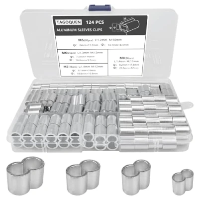 Immagine di 124 Pezzi 4 Misure Morsetti per Fune 5 mm/6 mm/7 mm/ 8 mm a strozzo in Alluminio Manicotti crimpare Corde di espansione Morsetto Doppio Foro Corda Acciaio