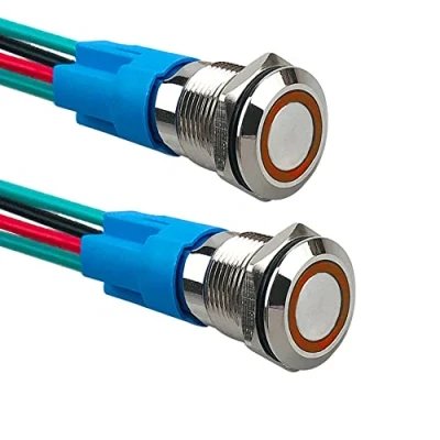 Immagine di Aiqeer 2 Pezzi 12 mm Interruttore a Pulsante Momentaneo, 12V / 24V 3A di Accensione per Auto, in Metallo con Presa Precablata (LED Giallo)
