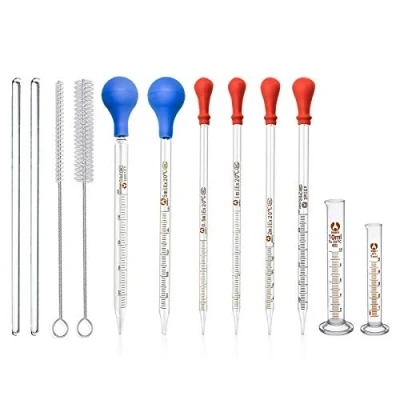 Immagine di Vetro Pipette, JESSTOLO 6 pezzi Pipettatori Contagocce Graduati in Prova Pipettare con Silicone Tappi, 2 Cilindro Graduato, Pipette Spazzolini e Agitatore per Laboratorio, Chimica