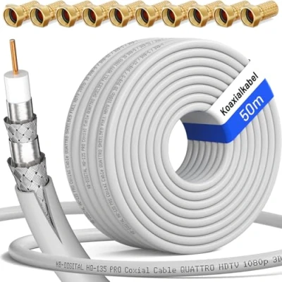 Immagine di HB Digital Cavo coassiale per DVB S, S2 C e T (130 dB, HQ 135, Pro, lunghezza, BK, 10 connettori dorati)