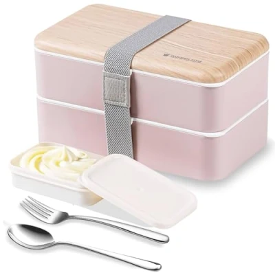 Immagine di Binoster Lunchbox portapranzo Scatole bento box contenitore originale divisore bundle stile giapponese con cucchiaio e forchetta in acciaio inox(Rosa)