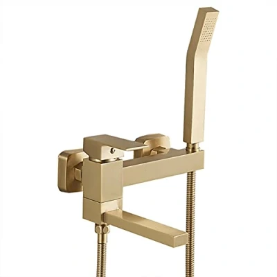 Immagine di GX Rubinetto Vasca Bagno con Doccetta, Ottone Monocomando Miscelatore A Parete Supporto E Tubo da 150Cm, Oro Spazzolato