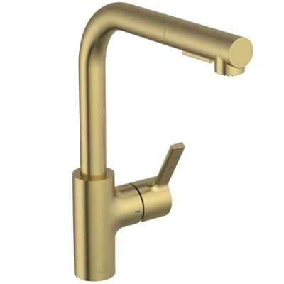 Immagine di Ideal Standard Gusto, Miscelatore monocomando per lavello da cucina, Bocca ad L tubolare con doccetta orientabile ed estraibile a due funzioni, Brushed Gold